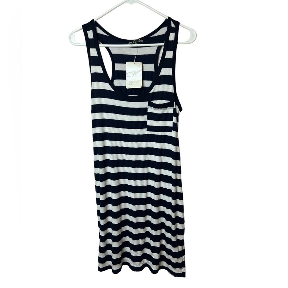 One Clothing Women's Sleeveless Racerback Striped Front Pocket Navy Stripe Dress